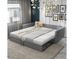 Merax 90/180 x 200 cm Uitklapbaar Slaapsofa - Multifunctioneel Gestoffeerd Bed met Lattenbodem - Grijs