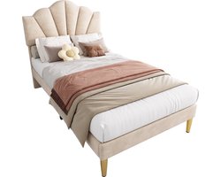 Merax 90x200 cm Gestoffeerd Eenpersoonsbed met Verstelbaar Hoofdbord en Gouden Poten - Beige