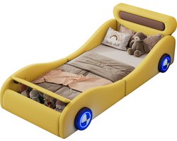 Merax Autobed - 90x200cm Kinderbed - Jeugdbed met Verlichte Wielen en Opbergruimte – Geel - Kunstleer - Zonder Matras