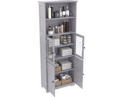 Merax Badkamerkast Hoog - Opbergkast Met Glazen Deur - Opbergkast Met Deuren - Open Vakken - Verstelbare Planken - Grijs - 57-4 x 28-5 x 160 cm