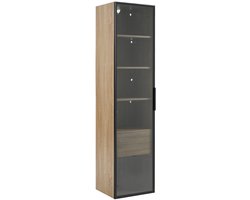 Merax Badkamerkast met Lade en Glazen Deur – Staande Kolomkast met Verlichting – 40 cm Breed – 165 cm Hoog – Bruin