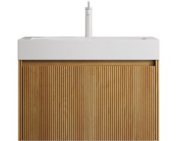 Merax Badkamermeubel 70 cm - Hangend Wasmeubel met Wastafel - Badkamerkast met Lade en Houtlook - Wit/Natuurlijk Hout - 70x46x50 cm