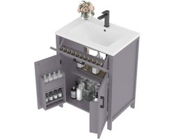 Merax Badmeubel Met Wastafel 60x46x84,8 cm – Vrijstaand Wastafelmeubel – Keramische Wastafel Geïntegreerd – Vochtbestendig Volledig Gelakt – 2 Deuren + Omkeerbare Schuiflade – Verstelbare Plank – Grijs