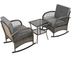 Merax Balkonset 3-Delig Rattan Met Schommelstoelen En Glazen Tafel Grijze Kussens Weerbestendig Tuinset
