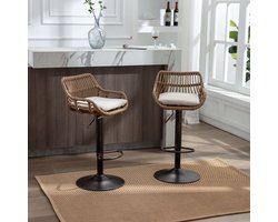 Merax Barkrukken Set van 2 – Verstelbare Barstoelen met Rattan Rugleuning – 360° Draaibaar met Voetsteun – Beige met Bruin