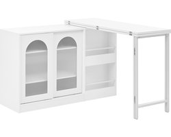 Merax Bartafel Wit - Uitklapbare Bartafel met 360° Draaifunctie - Keukentafel met Opbergruimte en Glazen Deur - Industriële Bar Tafel en Sideboard - 121x40x77 cm