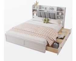 Merax Bed 160×200 met Opbergruimte - Open Rekken - Drie Lades op Wielen en Klapdeur – Hout+MDF+Fluweel - Wit+Grijs