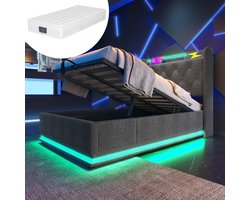 Merax Bed 90x200 cm met Matras en LED Verlichting – Grijs Linnen Eenpersoonsbed met Hydraulische Opbergruimte en USB-C Aansluiting