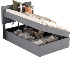 Merax Bed met Hydraulische Opbergruimte 90x200 cm - Eenpersoonsbed met Lattenbodem en Grijze Linnen Bekleding