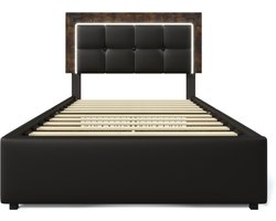 Merax bedframe 90x200 cm - Zwart PU-leer met LED-verlichting, 4 lades, verstelbaar hoofdbord en inclusief matras