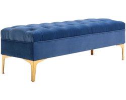 Merax Blauwe Fluwelen Zitbank – 118x45x42 cm – Opbergbank met Gouden Poten – Slaapkamerbank of Schoenenbank – Gestoffeerde Bank voor Hal of Voeteneinde Bed
