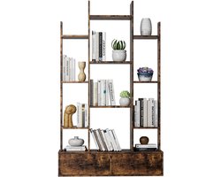 Merax Boekenkast Industrieel - Open Kast met 12 Vakken en 2 Lades - Boomvorm Design - Displaykast - Vintage Bruin 86x24x140 cm