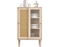 Merax Buffetkast met Rotan en Glazen Schuifdeuren - Dressoir - Vitrinekast - Kast met 6 Opbergvakken - Eikenhout Bruin