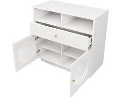 Merax Buffetkast – Opbergkast Met Glazen Deuren En Lade – Keukenkast – Modern Wit Sideboard Voor Woonkamer Eetkamer Of Hal – 100 x 40 x 90.5 cm – MDF En Glas