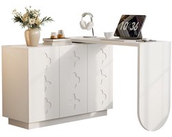 Merax Bureau - L-vormig Hoekbureau - 360° Draaibaar - Met Kast en 3 Deuren - Wit - 110x40x75 cm