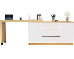 Merax Draaibaar Bureau 120x50 cm 3 Lades en Kast – 360° Verschuifbaar Tafelblad op Wielen met Rem – Wit met Eiken Bruin