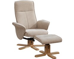 Merax Draaibare Relaxfauteuil met Voetenbank - Verstelbare Rugleuning 145° - Zachte Chenillestof - Massief Houten Voet met Metalen Steun - 360° Draaibaar - Licht Taupe