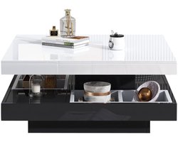 Merax Draaibare Salontafel met Opbergruimte – Hoogglans Wit met Zwart Onderstel – Vierkant – 360° Roterend – 70x70x36 cm