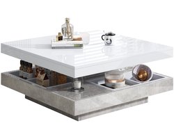Merax Draaibare Salontafel met Opbergruimte – Hoogglans Wit Tafelblad en Grijs Marmerlook Onderstel – Vierkant – 360° Roterend – 70x70x36 cm