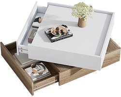 Merax - Draaibare Salontafel met Opbergruimte - Witte Koffietafel met Walnoot Frame - 60x60x38 cm - Vierkante Bijzettafel met 360 Graden Draaiblad - Moderne Tafels Woonkamer