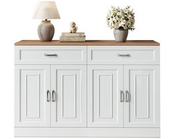 Merax Dressoir 120 cm met 4 Soft-Close Deuren en 2 Lades – Opbergkast met Verstelbare Planken – Wit met Bruin
