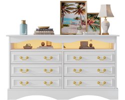 Merax Dressoir 120x40x70 cm met 6 Lades - Ladekast met LED Verlichting en Open Opbergruimte - Wit
