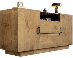 Merax Dressoir 140x40x70 cm met 2 Lades en 2 Deuren – Eikenhout Look Opbergkast met Open Vak en Verstelbare Planken – Getint ESG-Glas – Bruin met Zwarte Handgrepen