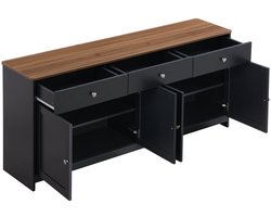 Merax Dressoir 160 cm – Met 4 Deuren & 3 Lades – Buffetkast in Houtlook & Grijs-Zwart – Voor Woonkamer & Eetkamer