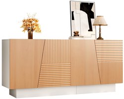Merax Dressoir 160 cm - Wit en Houtkleur - 4 Deuren - Geometrische Ribbelstructuur - Verstelbare Legplanken - Veel Opbergruimte