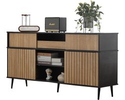 Merax Dressoir met 4 Schuifdeuren en 1 Lade – 160x40x80 cm - Opbergkast in Eiken met Zwarte Accenten - Modern Design met Verstelbare Planken