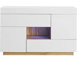 Merax Dressoir met Open Vak - Hoogglans Wit met Bruin - Lade en Deuren - 16 Kleuren LED Verlichting - 120x37x76,5 cm