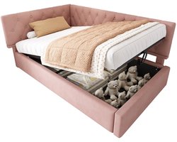 Merax Eenpersoonsbed 90×190 cm – Slaapbank met Hydraulische Opbergruimte – Kinderbed Jeugdbed met Houten Lattenbodem – Fluweel Roze