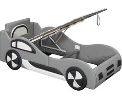 Merax Eenpersoonsbed 90x200 cm Autobed - Kunstleer Gestoffeerd Kinderbed in Auto Vorm - Bed met Hydraulisch Opbergruimte - Grijs