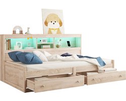 Merax Eenpersoonsbed 90x200 cm met Handige Opbergruimte en 2 Lades - Bed voor Kinderen met LED-Verlichting en USB Aansluitingen - Naturel Hout Bruin