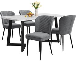 Merax Eethoek Set (Tafel 117×68×75 cm + 4 Stoelen) - Moderne Eettafel Set - Fluweel Grijze Stoelen - Comfortabele Stoel met Rugleuning - Witte MDF Tafelblad - Zwarte Metalen Poten