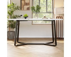 Merax Eetkamerset 5 Delig - Eettafel met 4 Grijs Fluwelen Eetkamerstoelen - Marmerlook Wit Tafelblad met Zwarte Poten