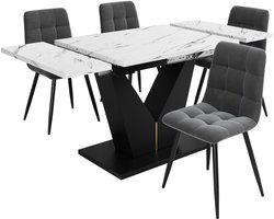 Merax Eetkamerset 5 Delig - Uitschuifbare Eettafel met 4 Fluwelen Eetkamerstoelen - Marmerlook Wit met Zwart en Grijs