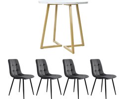 Merax Eetkamerset 5-delig – Wit Marmerlook met Goud Eettafel Ø80 met 4 Grijze Velvet Eetkamerstoelen met Zwart