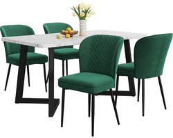 Merax Eetkamerset – Eettafel (117x68x75 cm) met 4 Donkergroene Fluwelen Stoelen – Wit MDF Tafelblad en Zwarte Metalen Poten