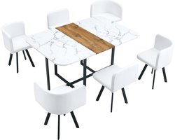 Merax Eetkamerset met Eettafel en 6 Eetkamerstoelen - Wit Marmerlook Tafelblad met Zwart Metalen Poten - 4 tot 6 Personen