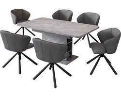 Merax Eetkamerset met Uitschuifbare Eettafel en 6 Stoelen – Luxe PU Stoelen met Vier Metalen Poten - Eettafel met Opbergruimte - Grijs