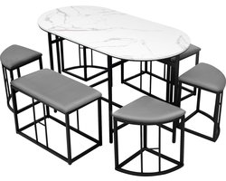 Merax Eetkamerset (Set van 6) – Moderne Keukentafel met 4 Kleine en 2 Grote Hockers – MDF en Staal – 140x70x74 cm – Maximaal 120 kg