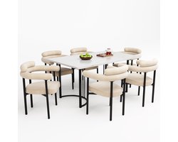 Merax Eetkamerset Set van 7 - Eettafel en 6 Stoelen met Metalen Poten - Eetkamerstoelen met Velvet Bekleding - Wit Marmerlook met Zwart en Beige