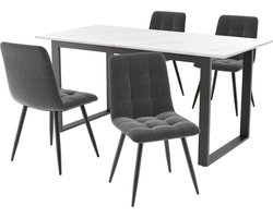 Merax Eetkamerset – Uitschuifbare Eettafel met 4 Grijze Velvet Eetkamerstoelen – 140 tot 180 cm – Wit Tafelblad – Zwarte Poten