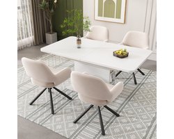 Merax Eetkamerset – Uitschuifbare Eettafel met 4 Velvet Eetkamerstoelen – Wit met Beige en Zwart