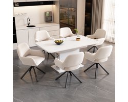 Merax Eetkamerset – Uitschuifbare Eettafel met 6 Velvet Eetkamerstoelen – Wit met Beige en Zwart