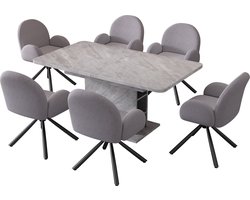 Merax Eetkamerset – Uitschuifbare Eettafel met Opbergruimte en 6 Sherpa Gestoffeerde Eetkamerstoelen – Moderne Eethoek 6 Personen – Grijs