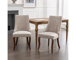 Merax Eetkamerstoelen - Set van 2 - Comfortabele Stoffen Stoelen met Hoge Rugleuning - Beige Chenille Bekleding - Massief Houten Poten - Klassieke Accentstoelen