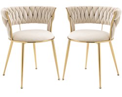 Merax Eetkamerstoelen Set van 2 - Fluwelen Stoelen met Armleuning en Moderne Rugleuning - Comfortabele Gestoffeerde Kuipstoelen met Metalen Poten - Ivoor