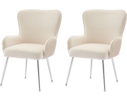 Merax Eetkamerstoelen Set van 2 – Fluwelen Stoelen met Lage Armleuningen – Verstelbare Metalen Poten – Ergonomisch Design – Beige met Zilver